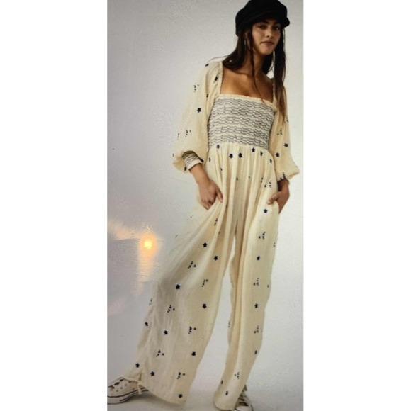 Free People Movement Pants - NWT Free People Dahlia WideLeg Floral Embroidered Ribbed 100% Cotton Jumpsuit XS
